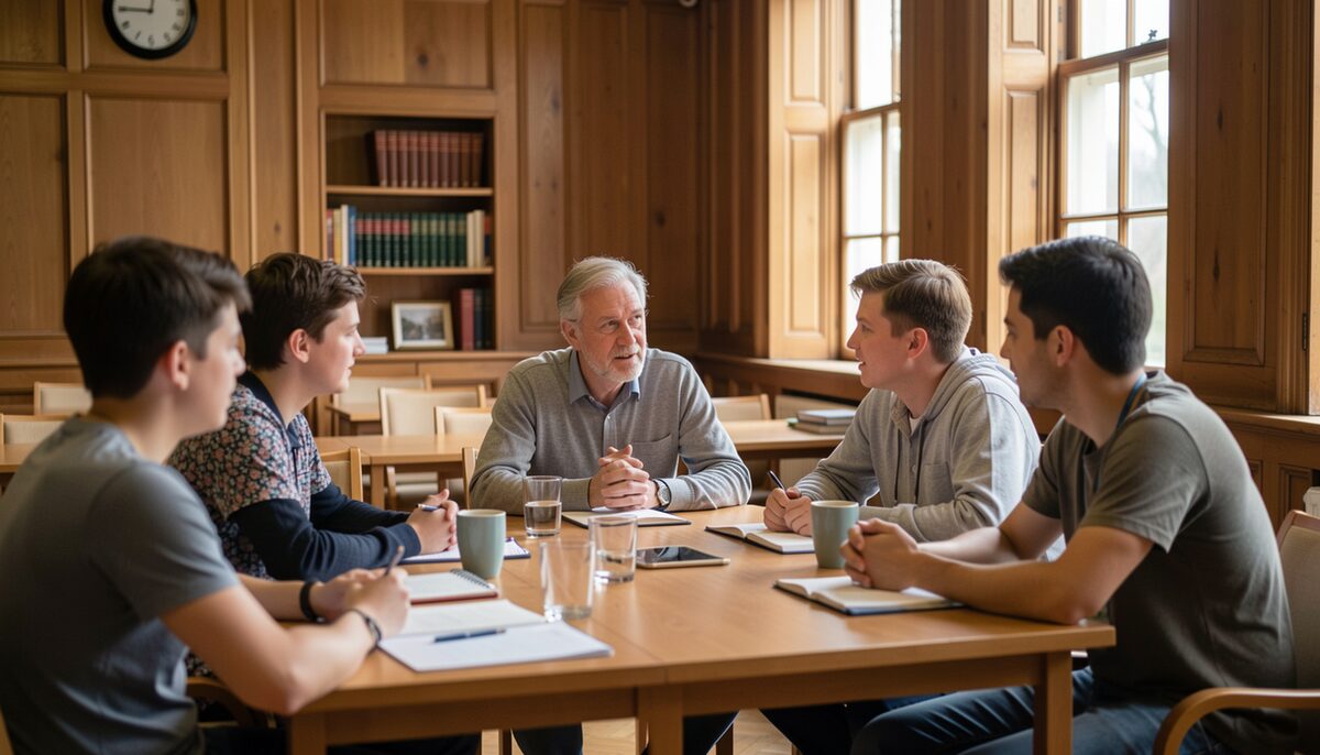 Studierende im Gespräch mit einer Dozentin in einem holzgetäfelten Seminaraum
