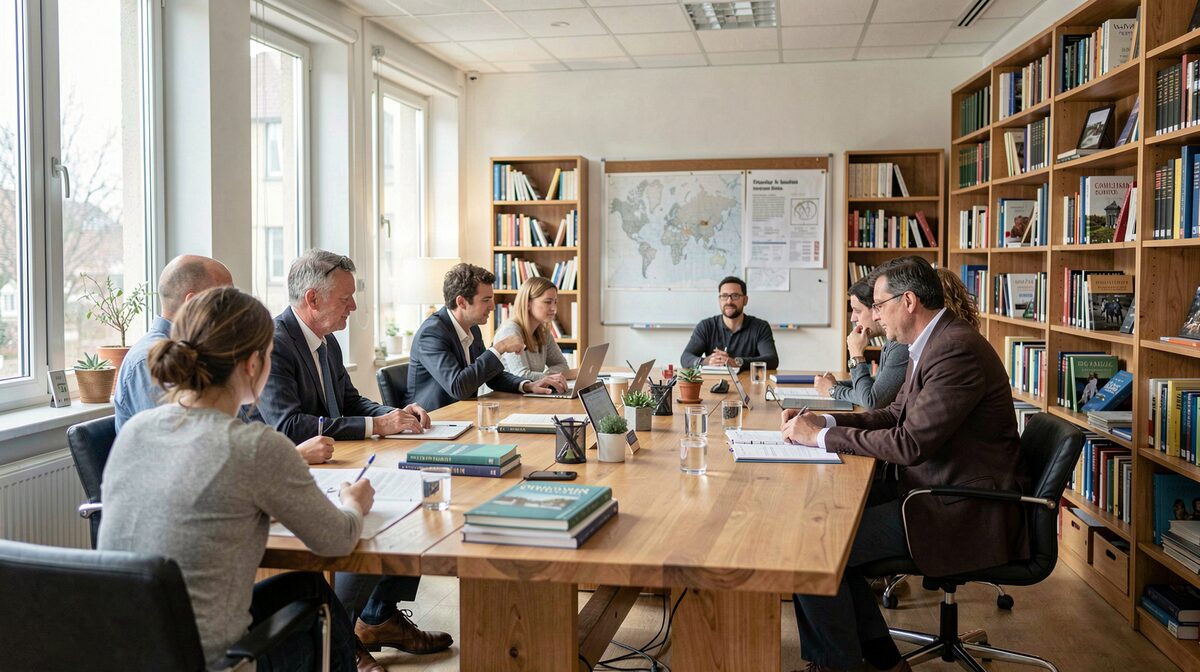 Redaktionssitzung an einem langen Konferenztisch, Weltkarte und Bücherregale im Hintergrund