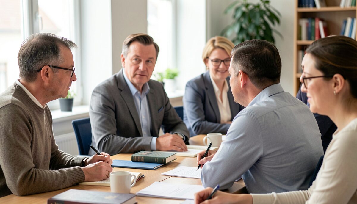 Fachgespräch an einem Tisch mit Büchern, Notizen und Kaffeetassen