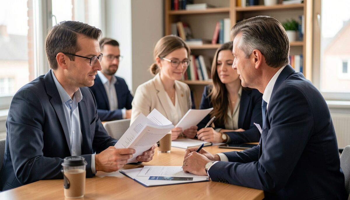 Redaktionsmitglieder lesen Manuskriptseiten während einer Sitzung
