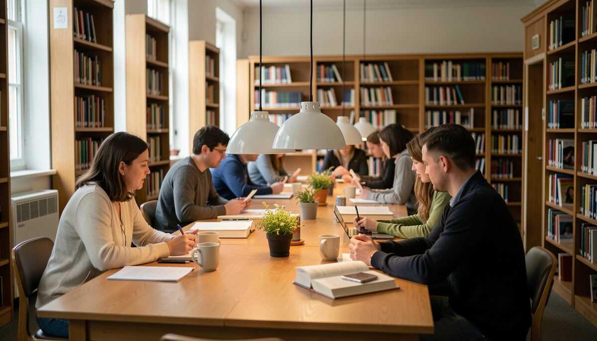 Ruhiger Lesesaal einer Universitätsbibliothek mit Studierenden an langen Holztischen