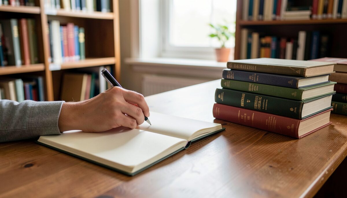 Ein Rezensent schreibt an einem hölzernen Bibliothekstisch in ein Notizbuch