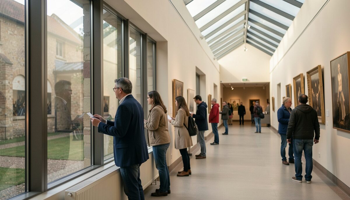 Besucher blicken in einem stillen Museumsflur durch große Panoramafenster