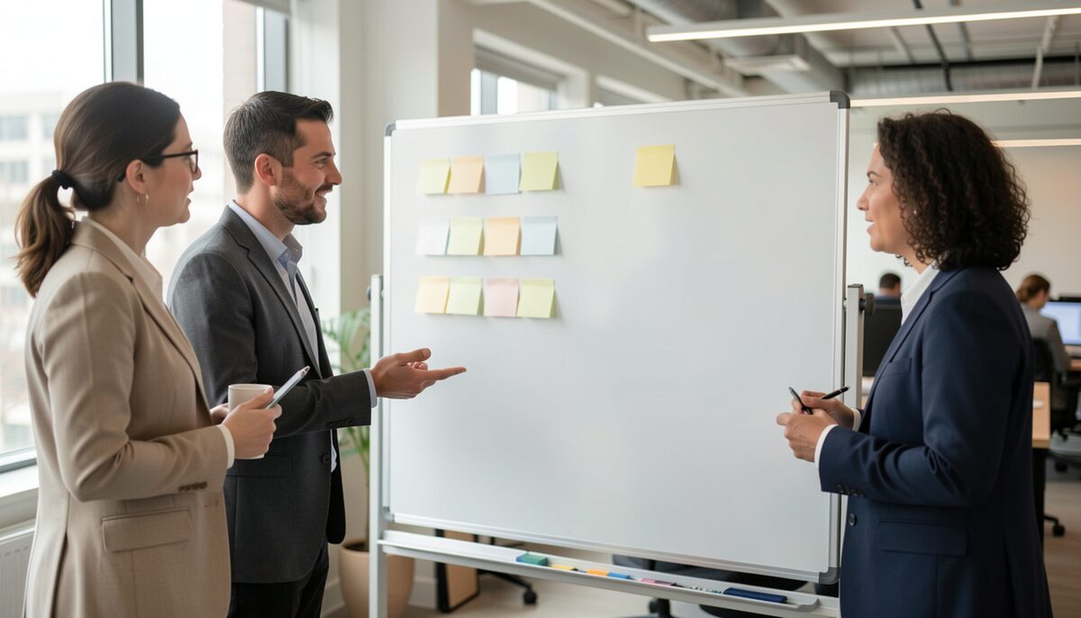 Forscher diskutieren vor einem leeren Whiteboard in einem modernen Büro