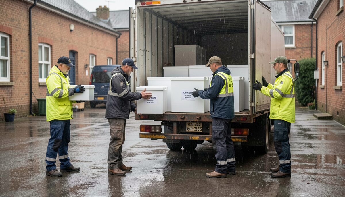 Helfer und Soldaten verladen schlichte Hilfskisten auf einen Lastwagen in einem regnerischen Hof