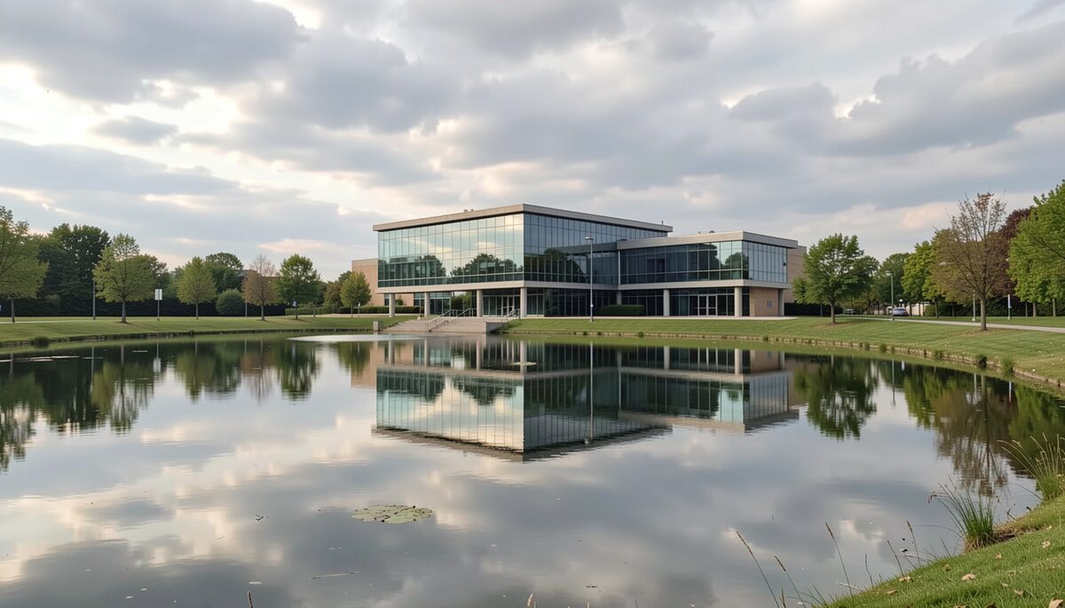 Moderner Glasgerichtsbau, der sich unter bewölktem Himmel in einem ruhigen Weiher spiegelt