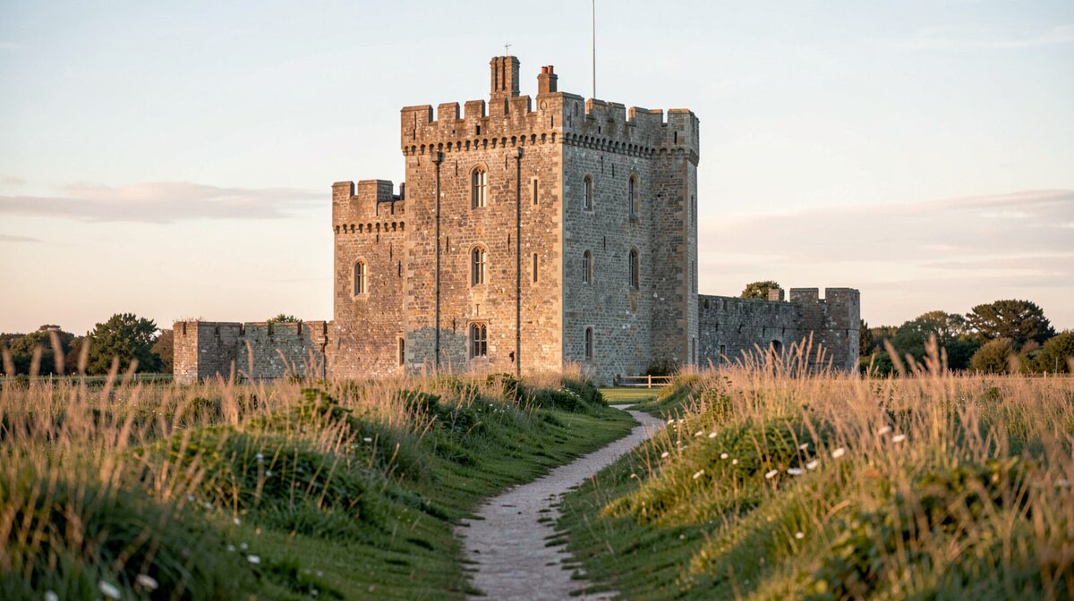 Der steinerne Bergfried einer normannischen Burg in Essex im warmen Abendlicht, davor ein ruhiger Fußweg durch Wiesen, Aufnahme aus leichter Untersicht
