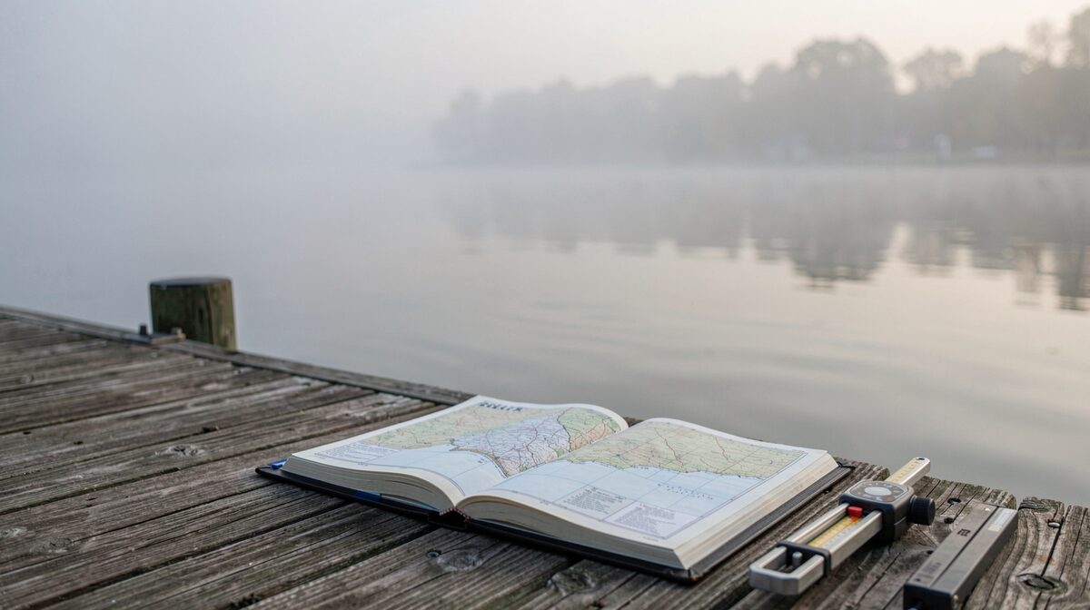 Ein Bootsanleger an der Chesapeake Bay am Morgen, Nebel über stillem Wasser, ein aufgeschlagenes Kartenbuch und ein Messgerät auf dem Steg, seitliche Nahaufnahme im weichen Licht.