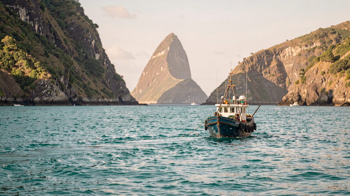 Fischerboot bei Morgenlicht vor der steil abfallenden Passage der Bucht von Diego-Suarez, türkisfarbenes Wasser, in der Ferne der Sugarloaf, lange Brennweite, warmes Seitenlicht