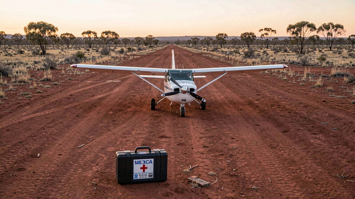 Ein kleines Propellertflugzeug auf einer roten Erdlandebahn im Outback bei Abendlicht, im Vordergrund ein medizinischer Koffer, Totale aus erhöhter Perspektive.