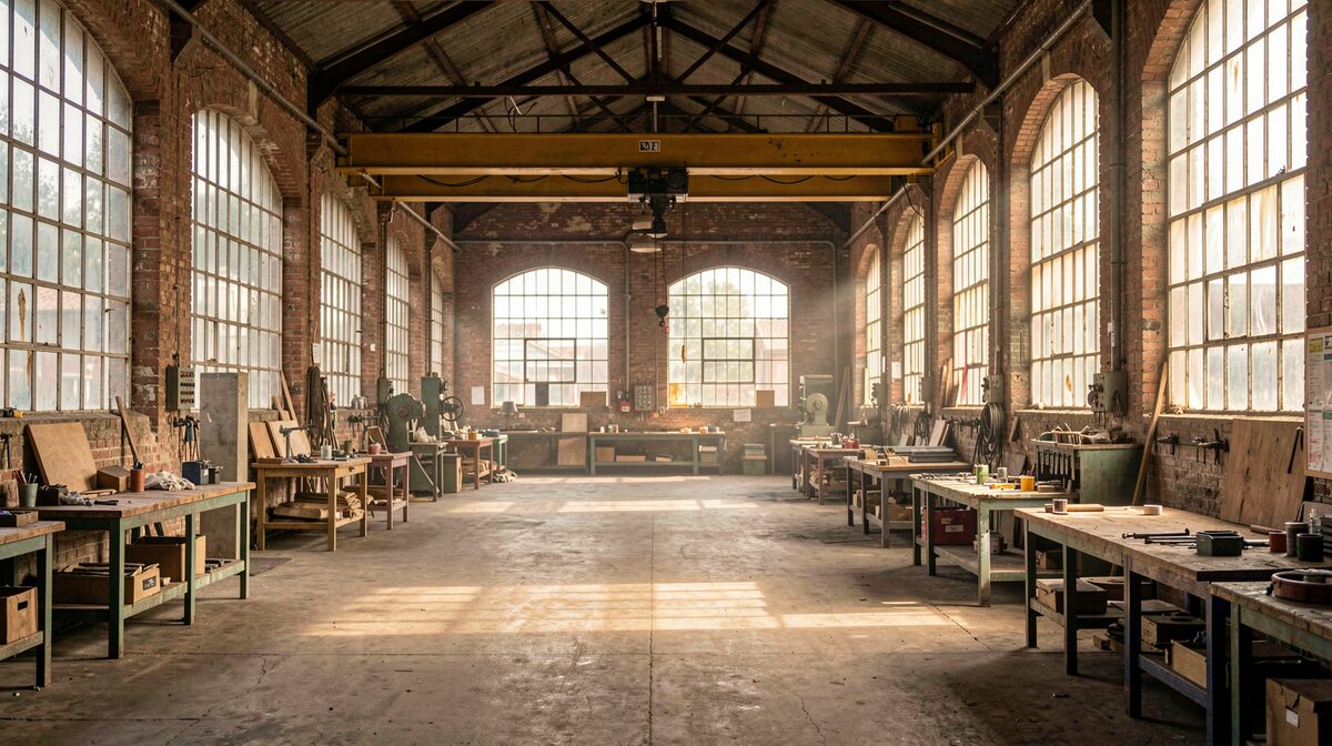 Die verwaiste Montagehalle eines historischen Lokomotivwerks in Openshaw mit Überheadkran und Werkbänken, warmes Morgenlicht fällt durch schmutzige Sprossenfenster, weite Perspektive auf die leere Halle.