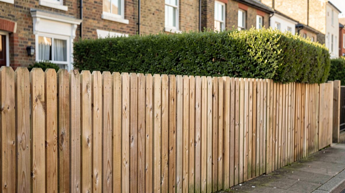 Ein sauberer Holzzaun an einer britischen Reihenhausgrenze im weichen Morgenlicht, im Hintergrund eine gepflegte Hecke, aufgenommen in leichter Untersicht.