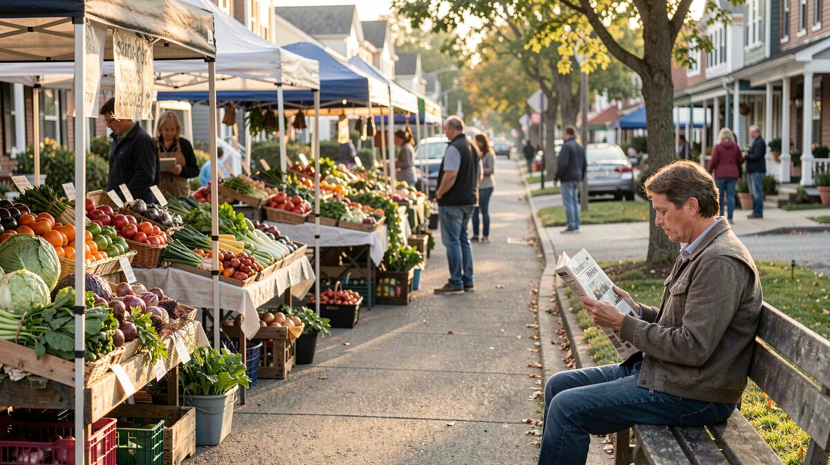 Ein offener lokaler Wochenmarkt in einem amerikanischen Stadtteil am Morgen, warmes Streiflicht über Gemüseständen, ein Zeitungsleser auf einer Bank am Rand, Aufnahme aus mittlerer Distanz.