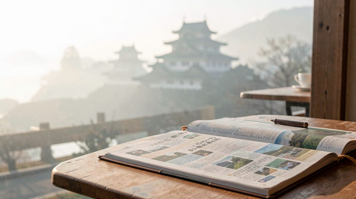 Frühmorgendliches Himeji vor der Silhouette der Burg im Nebel, im Vordergrund ein Lesezeichen-Abschnitt einer lokal thematischen Zeitschrift auf einem Café-Tisch, weiches Seitenlicht, mittlere Nahansicht.