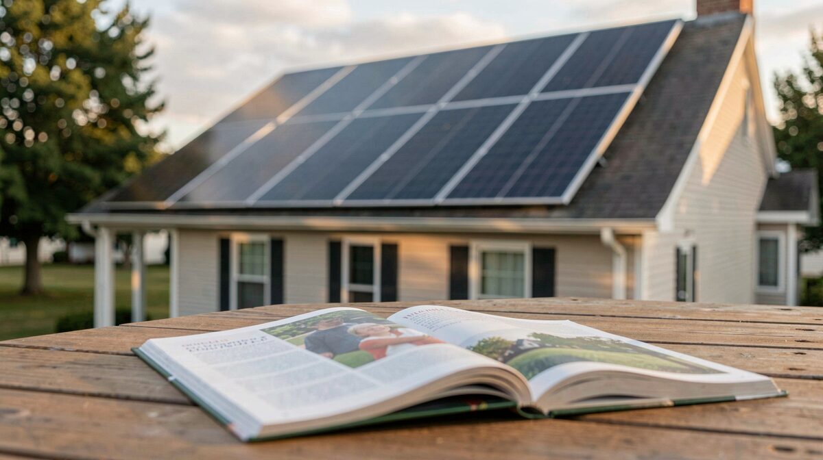 Ein美国? Nein: Ein Altbaudach in Indiana mit Solarmodulen im warmen Nachmittagslicht, im Vordergrund ein aufgeschlagenes Fachmagazin auf einem Holztisch, Nahaufnahme, neutraler Journalistenstil.