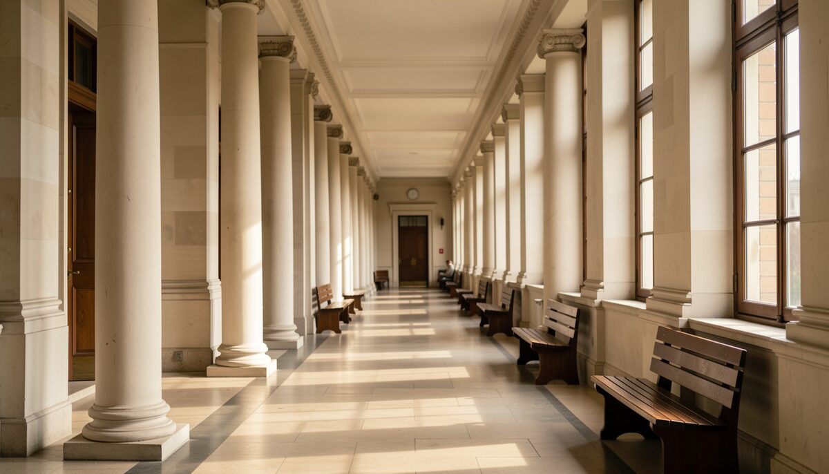 Long neoclassical corridor of a law faculty with columns and benches bathed in morning light.
